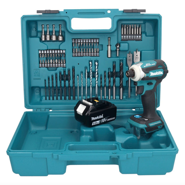 Makita DTD 171 T1X1 llave de impacto a batería 18 V 180 Nm 1/4" sin escobillas + 1x batería 5,0 Ah + set de accesorios 74 piezas + maletín - sin cargador
