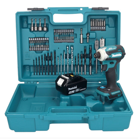 Makita DTD 171 T1X1 llave de impacto a batería 18 V 180 Nm 1/4" sin escobillas + 1x batería 5,0 Ah + set de accesorios 74 piezas + maletín - sin cargador