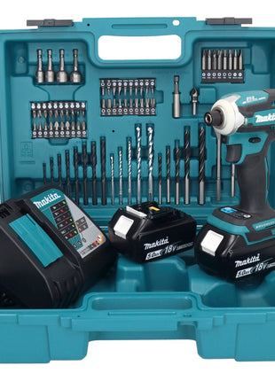 Makita DTD 171 RTX1 clé à chocs sans fil 18 V 180 Nm 1/4" sans balais + 2 batteries 5,0 Ah + chargeur + jeu d'accessoires 74 pièces + mallette