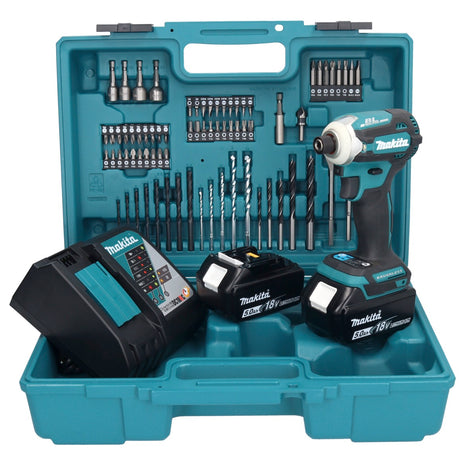 Makita DTD 171 RTX1 Akku Schlagschrauber 18 V 180 Nm 1/4" Brushless + 2x Akku 5,0 Ah + Ladegerät + 74 tlg. Zubehörset + Koffer