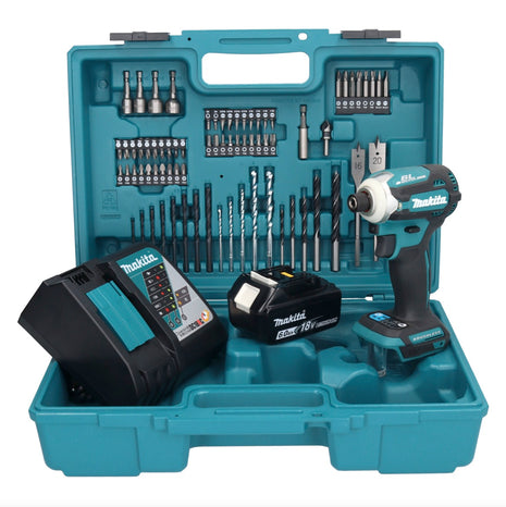 Makita DTD 171 RG1X1 llave de impacto a batería 18 V 180 Nm 1/4" sin escobillas + 1x batería 6,0 Ah + cargador + set de accesorios 74 piezas + estuche