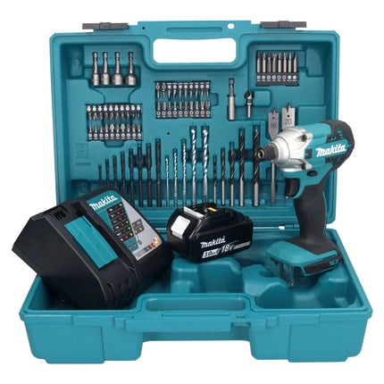 Makita DTD 156 RF1X1 llave de impacto a batería 18 V 155 Nm 1/4" + 1x batería 3,0 Ah + cargador + set de accesorios 74 piezas + estuche