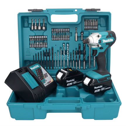 Makita DTD 156 RFX1 llave de impacto inalámbrica 18 V 155 Nm 1/4" + 2x baterías 3.0 Ah + cargador + set de accesorios 74 piezas + estuche