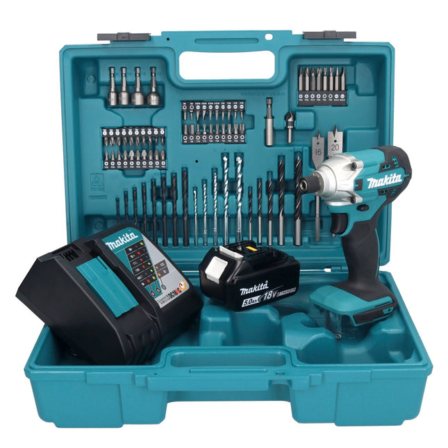 Makita DTD156RT1X1 Visseuse à percussion sans fil 155Nm 18V 1/4" + 1x Batterie 5,0Ah + Chargeur + Coffret + Set d'accessoires, 74 pcs.