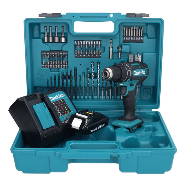 Taladro percutor inalámbrico Makita DHP 482 SY1X1 18 V 62 Nm + 1x batería 1,5 Ah + cargador + set de accesorios 74 piezas + estuche