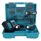 Taladro percutor inalámbrico Makita DHP 482 SYX1 18 V 62 Nm + 2x baterías 1,5 Ah + cargador + set de accesorios 74 piezas + estuche