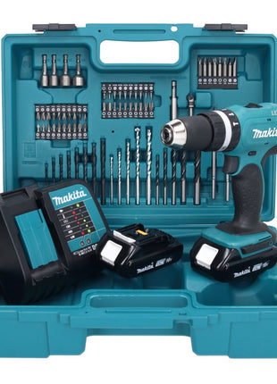 Taladro percutor inalámbrico Makita DHP 453 SYX1 18 V 42 Nm + 2x baterías 1,5 Ah + cargador + set de accesorios 74 piezas + estuche