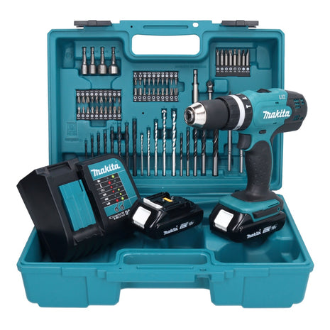 Taladro percutor inalámbrico Makita DHP 453 SYX1 18 V 42 Nm + 2x baterías 1,5 Ah + cargador + set de accesorios 74 piezas + estuche