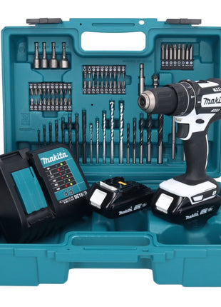 Makita DHP 482 SYX1W perceuse à percussion sans fil 18 V 62 Nm + 2 batteries 1,5 Ah + chargeur + jeu d'accessoires 74 pièces + mallette