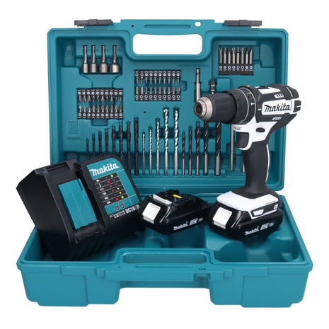 Taladro percutor inalámbrico Makita DHP 482 SYX1W 18 V 62 Nm + 2x baterías 1,5 Ah + cargador + set de accesorios 74 piezas + estuche