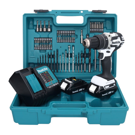 Makita DHP 484 SYX1W taladro percutor inalámbrico 18 V 54 Nm sin escobillas blanco + 2x baterías 1,5 Ah + cargador + set de accesorios 74 piezas + estuche