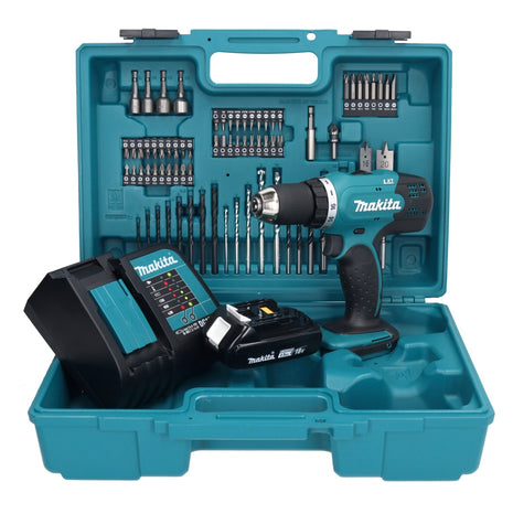 Makita DDF 453 SY1X1 taladro atornillador inalámbrico 18 V 42 Nm + 1x batería 1,5 Ah + cargador + set de accesorios 74 piezas + estuche