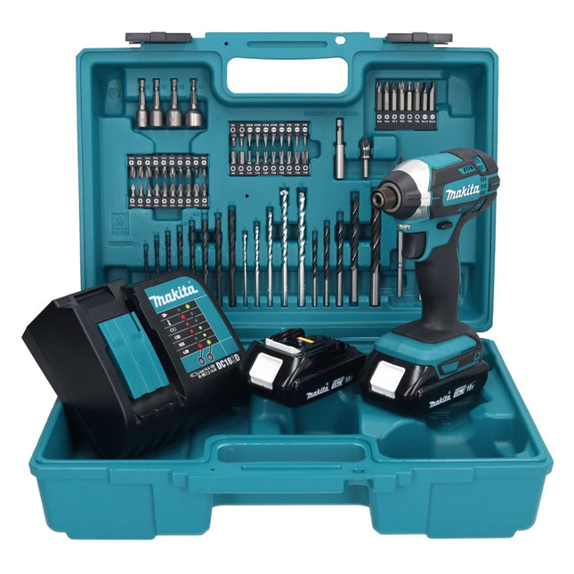 Makita DTD 152 SYX1 llave de impacto inalámbrica 18 V 165 Nm 1/4" + 2x baterías 1,5 Ah + cargador + set de accesorios 74 piezas + estuche