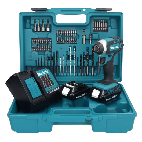 Makita DTD 152 SYX1 clé à chocs sans fil 18 V 165 Nm 1/4" + 2x batteries 1,5 Ah + chargeur + jeu d'accessoires 74 pièces + mallette