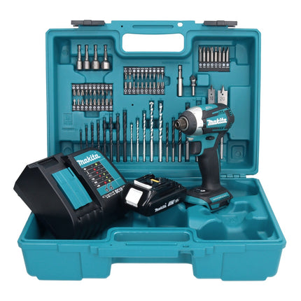 Makita DTD 154 SY1X1 llave de impacto a batería 18 V 175 Nm 1/4" sin escobillas + 1x batería 1,5 Ah + cargador + set de accesorios 74 piezas + estuche
