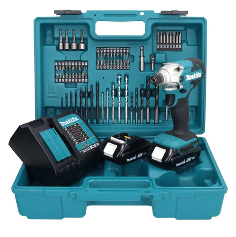 Makita DTD 156 SYX1 llave de impacto inalámbrica 18 V 155 Nm 1/4" + 2x baterías 1,5 Ah + cargador + set de accesorios 74 piezas + estuche