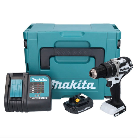 Makita DHP 484 SY1J W akumulatorowa wiertarko-wkrętarka udarowa 18 V 54 Nm bezszczotkowa biała + 1x akumulator 1,5 Ah + ładowarka + Makpac