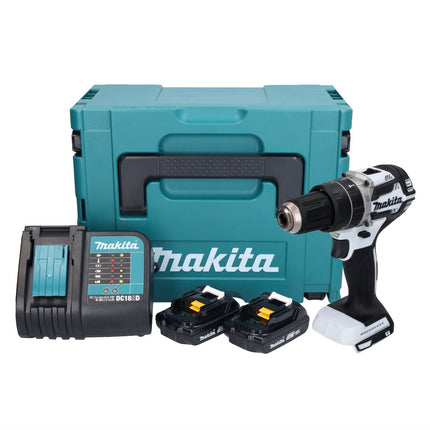 Makita DHP 484 SYJ W Taladro percutor inalámbrico 18 V 54 Nm sin escobillas blanco + 2x baterías 1,5 Ah + cargador + Makpac