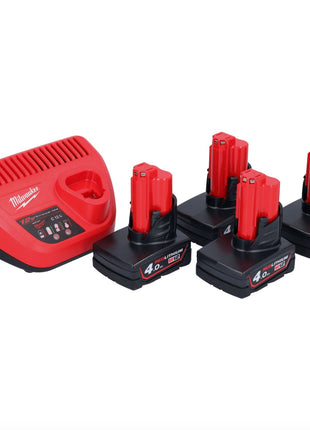 Milwaukee M12 NRG-404 Akku Starter Set 4x 12 V 4,0 Ah / 4000 mAh Li-Ion Akku + C12 C Ladegerät - Toolbrothers