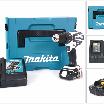 Makita DHP 456 Y1J-D 18 V Akku Schlagbohrschrauber in Weiss im MAKPAC inkl. BL 1815 N Akku + DC18RC Ladegerät - Toolbrothers