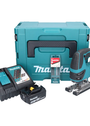 Sierra de calar a batería Makita DJV 180 RT1J 18 V + 1x batería 5,0 Ah + cargador + juego de hojas de sierra de calar de 5 piezas + Makpac