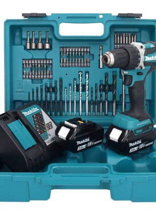 Makita DDF 484 RFX1 taladro atornillador inalámbrico 18 V 54 Nm + 2x baterías 3,0 Ah + cargador + set de accesorios 74 piezas + maletín