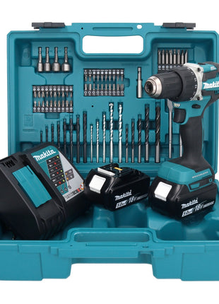 Makita DDF 484 RTX1 Akku Bohrschrauber 18 V 54 Nm + 2x Akku 5,0 Ah + Ladegerät + 74 tlg. Zubehörset + Koffer