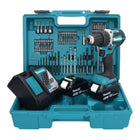 Makita DDF 484 RTX1 taladro atornillador inalámbrico 18 V 54 Nm + 2x baterías 5,0 Ah + cargador + set de accesorios 74 piezas + maletín