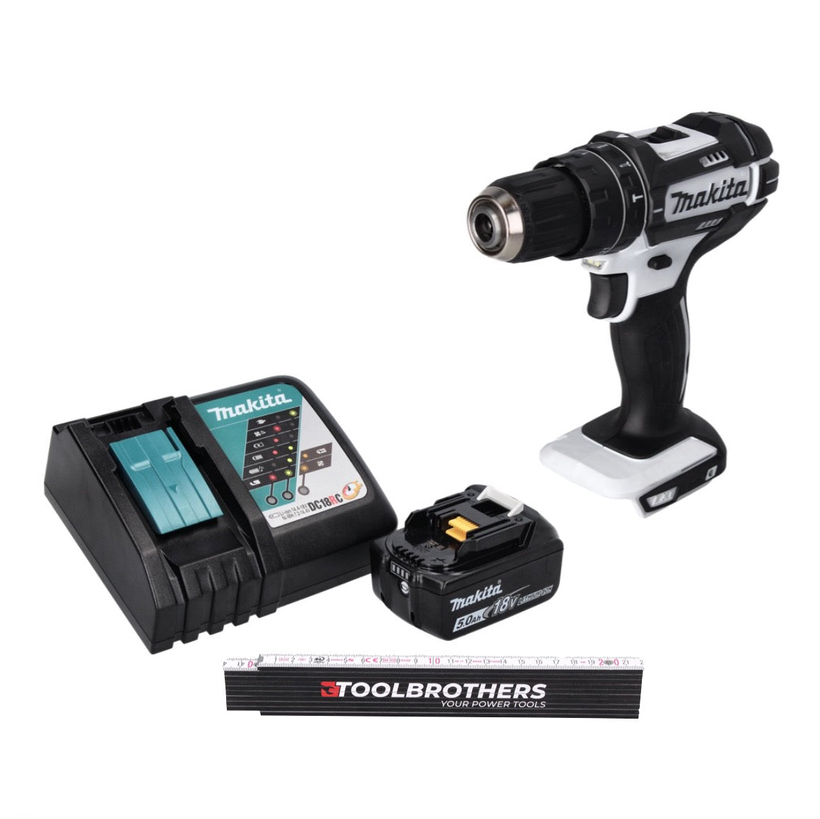 Toolbrothers Gliedermassstab DHP 482 RT1 W Akku Schlagbohrschrauber 18 V 62 Nm 1x Akku 5 0 Ah Ladegeraet 1 - toolbrothers