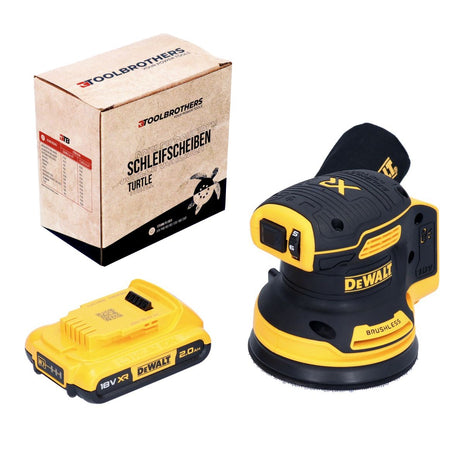 DeWalt DCW 210 N Akku Exzenterschleifer 18 V 125 mm Brushless + 1x Akku 2,0 Ah + 1x Toolbrothers TURTLE Schleifscheiben Set - ohne Ladegerät - Toolbrothers