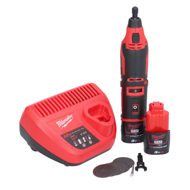 Herramienta rotativa a batería Milwaukee C12 RT-302 12 V + 2x baterías 3.0 Ah + cargador