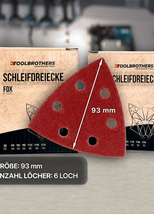 Toolbrothers FOX Schleifset Delta Schleifdreiecke 4 Packungen 93 x 93 x 93 mm Klett 6 Loch je 40x P40 / P60 / P80 / P120 / P180 / 240 für Hartholz, Weichholz, Lack, Stein, Stahl, Aluminium, Furnier - Toolbrothers