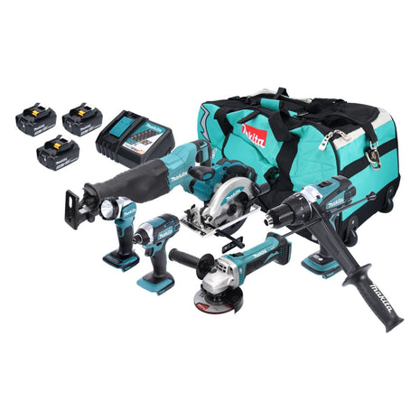 Makita DLX 6046 Kit Batteria Combo 18 V DGA 452 + DHP 458 + DJR 186 + DML 802 + DSS 610 + DTD 152 + 3x batteria 3,0 Ah + caricabatterie + borsa