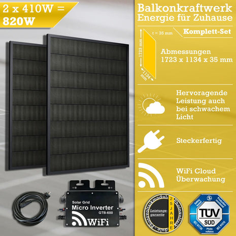 820W/600W Balkonkraftwerk Photovoltaikanlage, 2x Photovoltaik-Modul ( 2x 410W ) + Wechselrichter ( 600W ) mit WiFi-Funktion Steckerfertig Schwarz - Toolbrothers