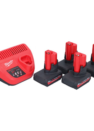 Milwaukee M12 HNRG-504 Akku Starter Set 4x HB5 High Output 12 V 5,0 Ah / 5000 mAh Li-Ion Akku ( 4x 4932480165 ) + M12-C12C Ladegerät - Toolbrothers