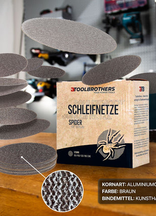 4x Toolbrothers SPIDER Schleifnetz-Set 125mm + Milwaukee M18 BOS125-0 Akku Exzenterschleifer 18V 125mm Solo - ohne Akku, ohne Ladegerät - Toolbrothers