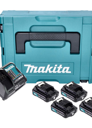 Kit de fuente de alimentación Makita 4x batería BL 1021 B 12 V máx. 2,0 Ah CXT (4x 197396-9) + cargador DC 10 SB (197363-4) + Makpac