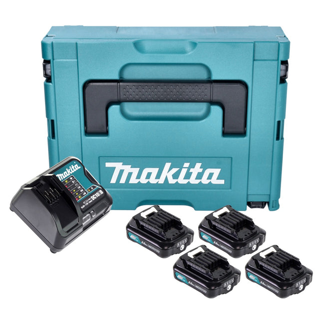 Kit alimentazione Makita 4x BL 1021 B batteria 12 V max. 2,0 Ah CXT ( 4x 197396-9 ) + caricabatteria DC 10 SB ( 197363-4 ) + Makpac
