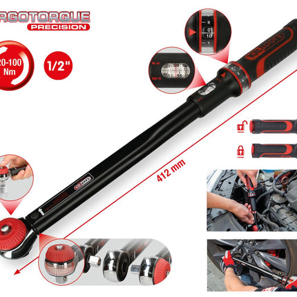 KS TOOLS 1/2'Chiave dinamometrica c.testa a cricco a quadro scorrevole ERGOprec,20-100Nm ( 516.1432 )