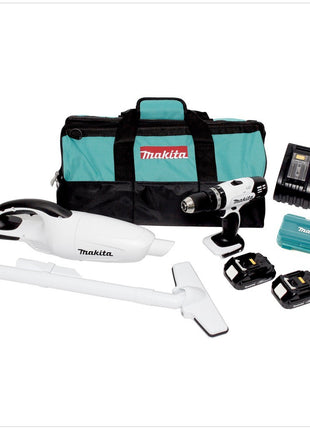 Makita DLX 2056 SYW 18 V - Set Weiß: DHP 453 + DCL 180 + 2 x 1,5 Ah Akku, Ladegerät in Werkzeugtasche - Toolbrothers