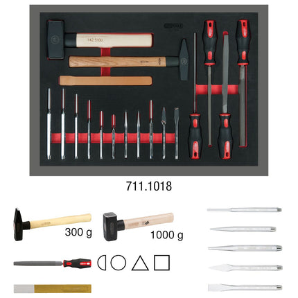 KS TOOLS Juego de limas, cinceles y martillos, 18 pzs, en sistema modular 1/1 ( 711.1018 )