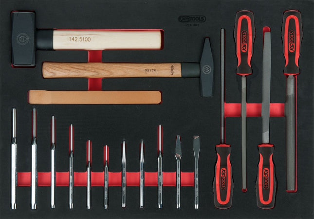 KS TOOLS Juego de limas, cinceles y martillos, 18 pzs, en sistema modular 1/1 ( 711.1018 )