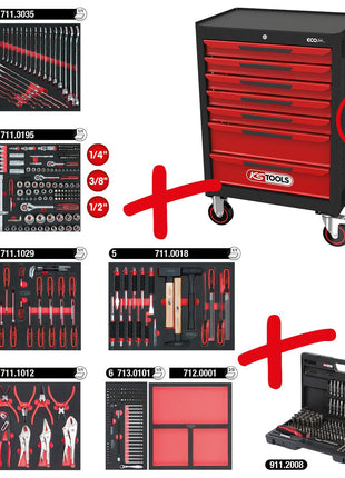 KS TOOLS ECOline Servante d'atelier NOIR/ROUGE avec 7 tiroirs et 598 outils d'excellente qualité ( 897.7598 )