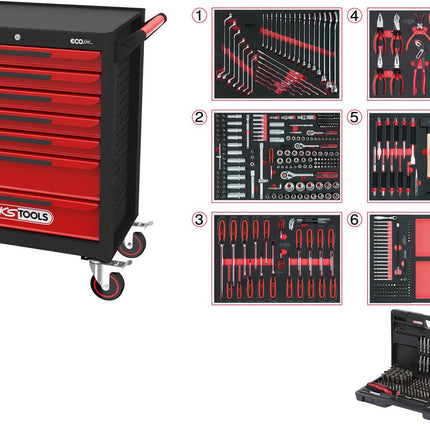 KS TOOLS Carro de taller ECOline NEGRO/ROJO con 7 cajones y 598 pzs Herramientas de alta calidad ( 897.7598 )