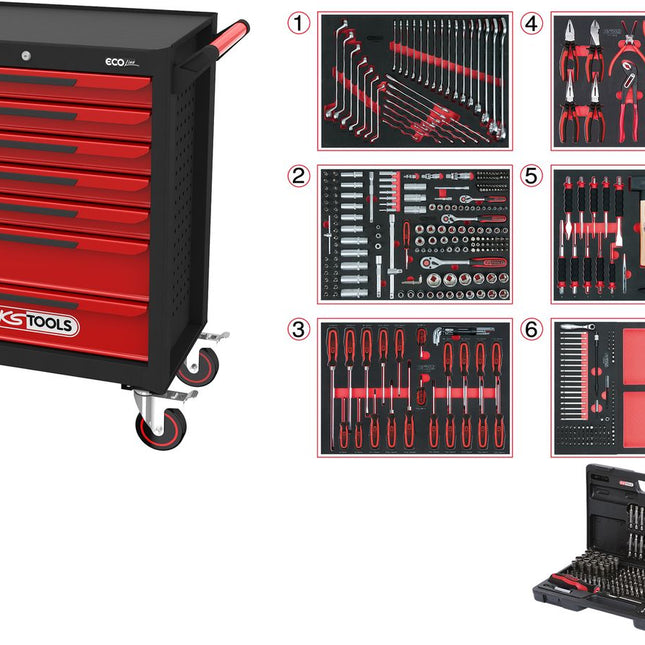 KS TOOLS Carro de taller ECOline NEGRO/ROJO con 7 cajones y 598 pzs Herramientas de alta calidad ( 897.7598 )