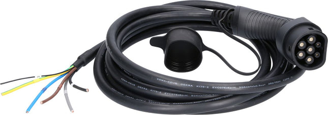 KS TOOLS Cable de carga efuturo, forma recta, extremo libre a enchufe de tipo 2 para conexión a una caja de pared, trifásico, hasta 22 kW, 32 A, 400 V, Modo 3, 5 metros ( 117.7245 )