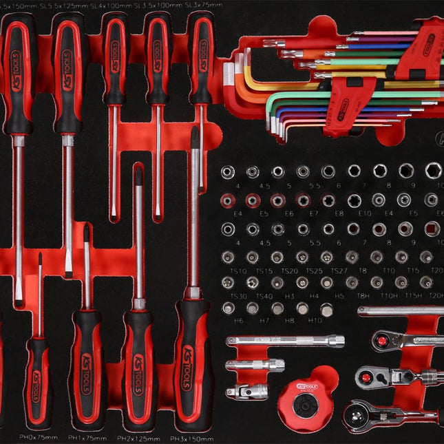 KS TOOLS Juego de llaves de vaso de 1/4' y destornilladores en inserto de gomaespuma, 105 pzs ( 811.0105 )