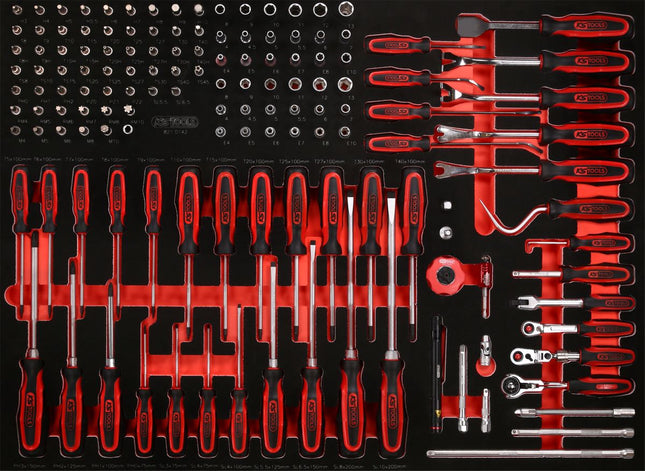 KS TOOLS Juego de llaves de vaso de 1/4' y destornilladores en inserto de gomaespuma, 142 pzs ( 821.0142 )
