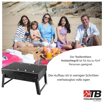 Toolbrothers Griglia a carbonella portatile per il campeggio, da allestire senza attrezzi 43 x 29 x 23 cm nero cromato Smoker BBQ Pit Grill