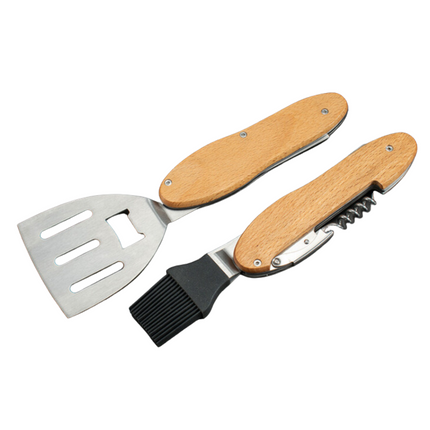 Toolbrothers Parrilla multiherramienta para exteriores, cubiertos para barbacoa de acero inoxidable con tenedor, cuchara para parrilla, cepillo para carne, abridor de botellas y sacacorchos, 5 piezas